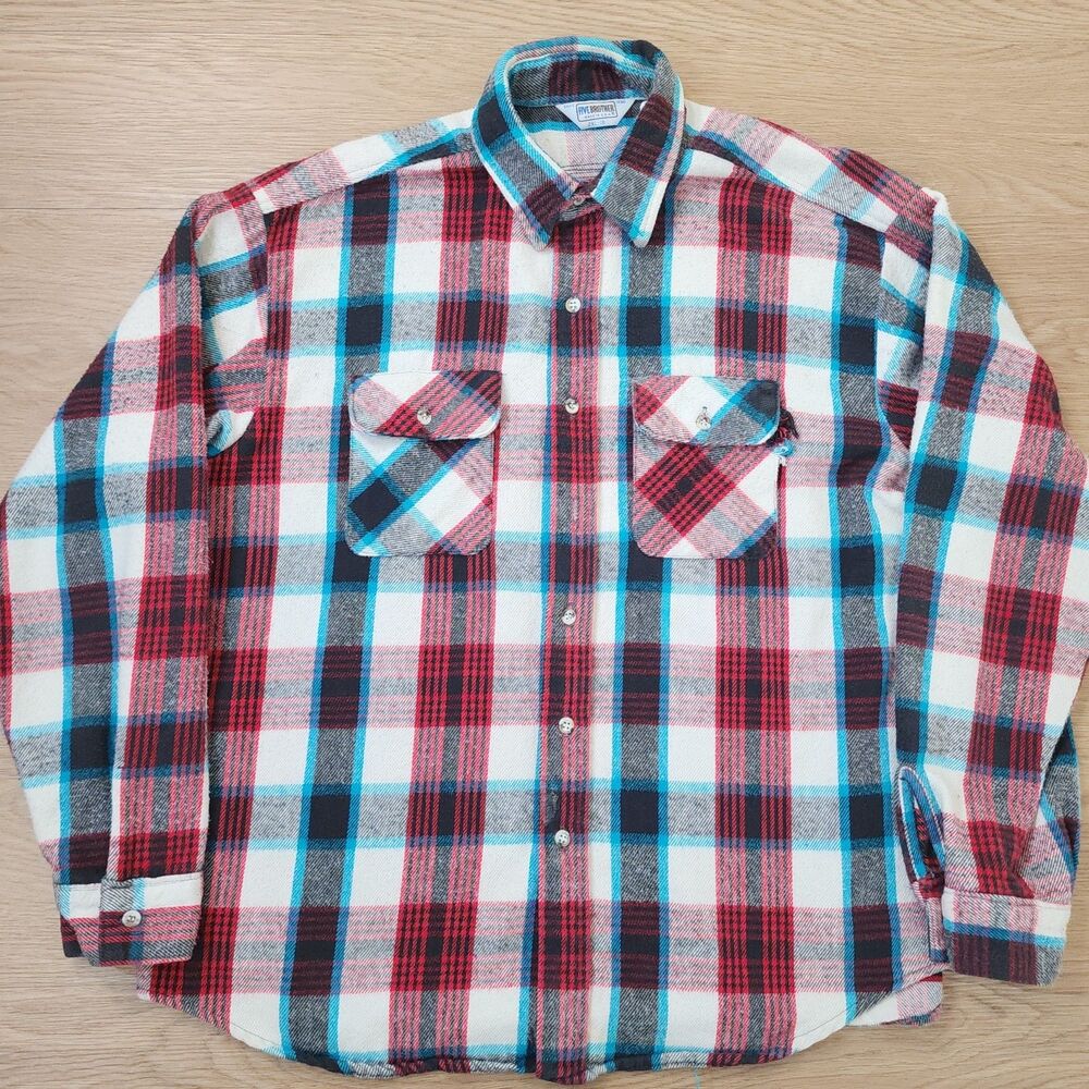 Five Brother Flannel Shirt Mens XXL Long Sleeve Button Plaid Blue Made In USA